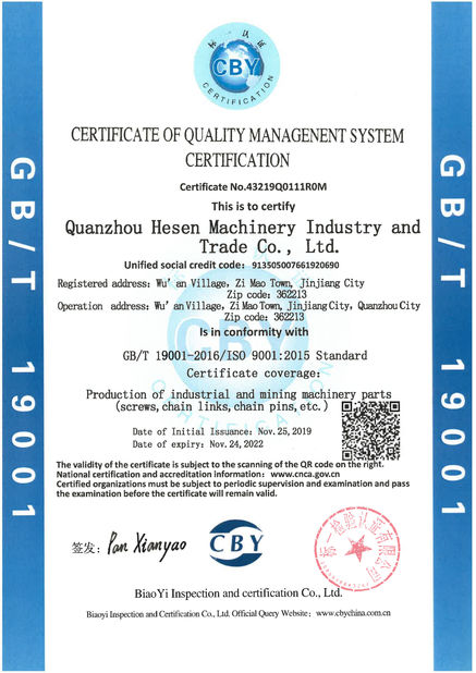 Chiny Quanzhou Hesen Machinery Industry Co., Ltd. Certyfikaty